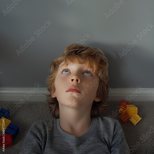 Portrait of a sad and lonely autistic boy in his room, surrounded by toys. He has no eye contact and looks away from the camera