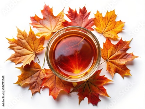 Maple syrup in glass bowl with autumn leaves photo