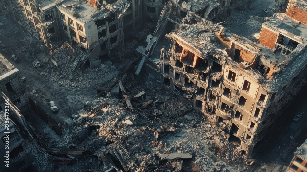 Aerial view of a devastated urban landscape, showcasing the destruction of buildings amid rubble and debris. Aerial view of a devastated urban landscape, showcasing the destruction of buildings amid rubble and debris.