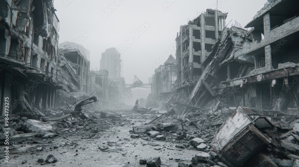 A haunting view of a deserted street lined with skeletal remains of buildings, shrouded in fog and debris. A haunting view of a deserted street lined with skeletal remains of buildings, shrouded in fog and debris.