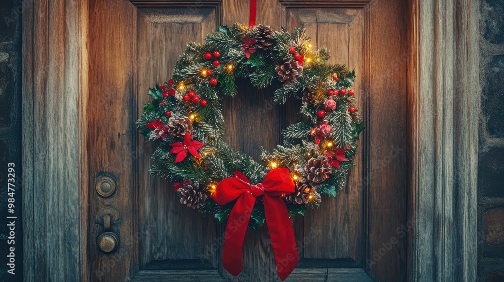 Naklejka premium A beautiful Christmas wreath made of pine and holly, with red ribbons and glowing fairy lights hanging on a wooden door.