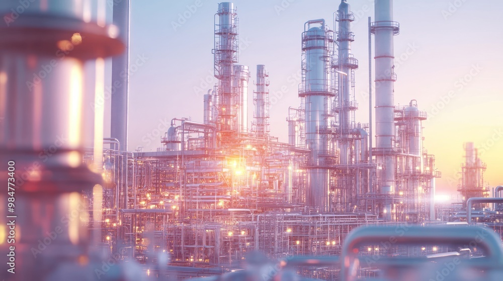 Fototapeta premium A vibrant industrial landscape featuring interconnected pipelines and towering structures at sunset, reflecting innovation and energy.