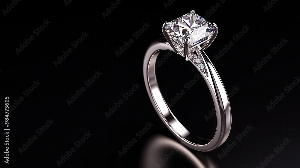 Macro view of a platinum ring with a radiant-cut diamond and side stones, Radiant Cut, Luxury Jewelry Macro view of a platinum ring with a radiant-cut diamond and side stones, Radiant Cut, Luxury Jewelry