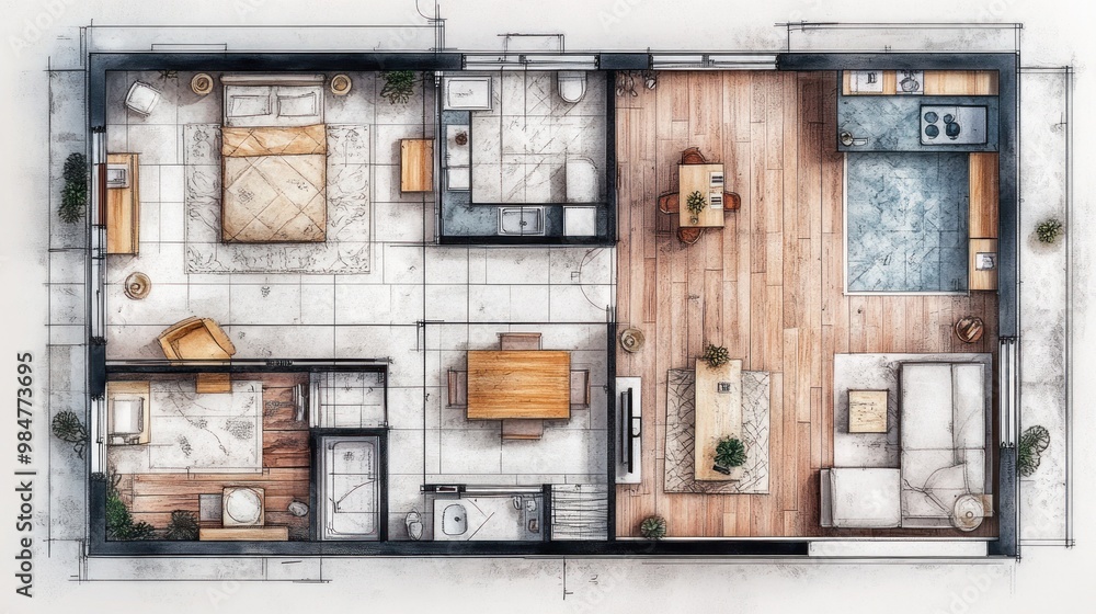 Stylized architectural floor plan of a modern apartment featuring a ...