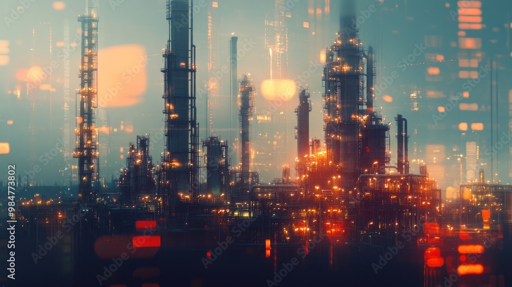 Fototapeta premium A blurred industrial landscape featuring a complex of oil refineries at dusk, illuminated by glowing lights and a digital overlay effect.