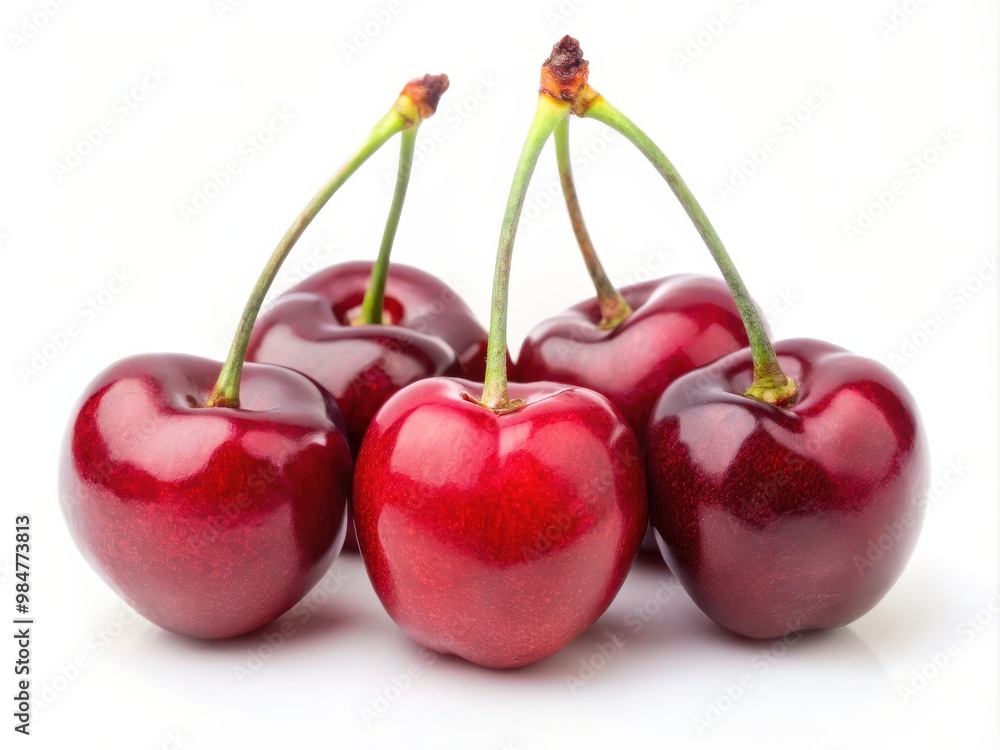 Five fresh red cherries with stems Five fresh red cherries with stems