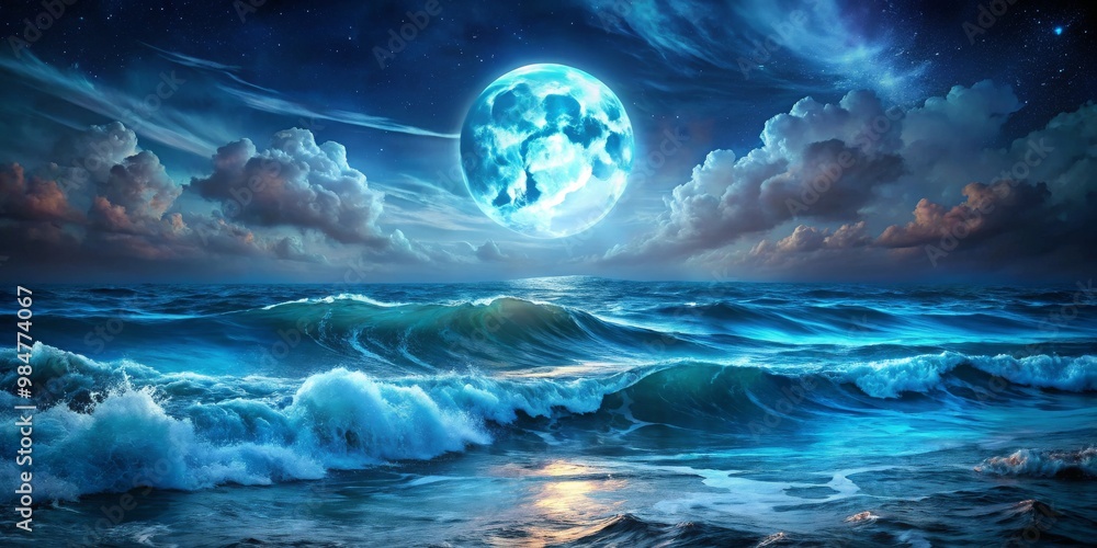 Fototapeta premium Majestic Blue Moon Over Ocean Serene Fantasy Night Sky with Luminous Celestial Body, Stars, and Ethereal Glow - Ideal for Desktops, Books, and Tranquil Themes