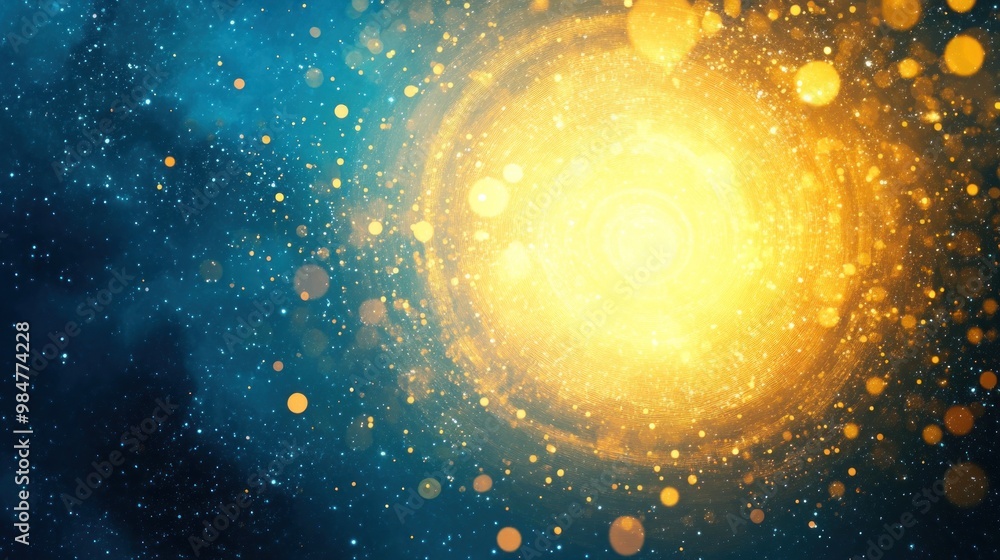 Obraz premium A vibrant cosmic swirl of golden light amidst a deep blue starry background, evoking a sense of wonder and the vastness of space.