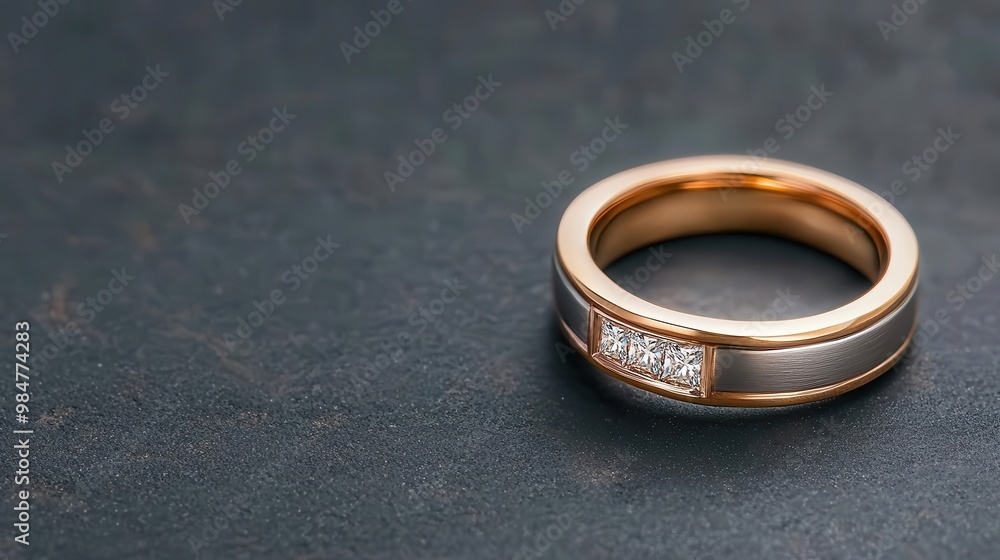 Macro view of a two-tone ring with a princess-cut diamond and rose gold accents, Two-Tone Ring, Modern Style Macro view of a two-tone ring with a princess-cut diamond and rose gold accents, Two-Tone Ring, Modern Style