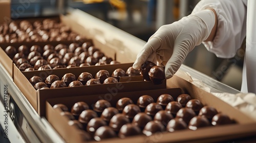 A chocolate factory worker's hands in white gloves placing chocolate truffles into black boxes, with chocolate bonbons in the background