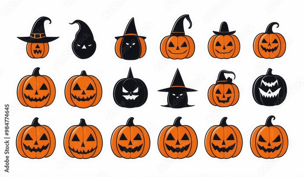 set of simple halloween icon, flat icons featuring classic Halloween symbols like a pumpkin, ghost, bat, witch hat, black cat, and spider. set of simple halloween icon, flat icons featuring classic Halloween symbols like a pumpkin, ghost, bat, witch hat, black cat, and spider.