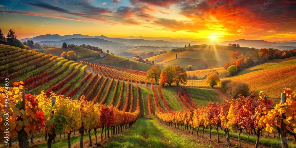 Naklejka premium Majestic Sunset Over Vibrant Vineyard Rows Romantic Autumn Splendor in Rural Wine Country