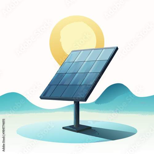 Single solar panel under sun, renewable energy, minimalist design