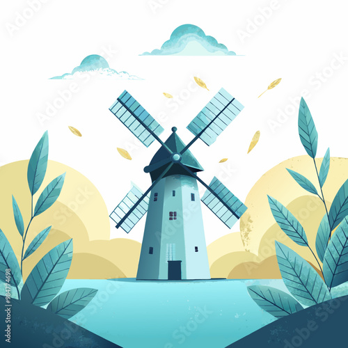 Windmill in scenic landscape, eco-friendly energy source, artistic illustration