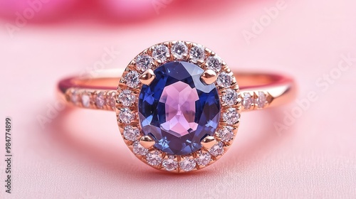 Close-up of a sapphire and diamond ring with a unique halo setting, Halo Ring, Colorful Elegance