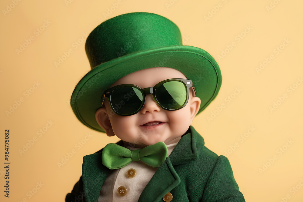 Smiling Baby in Green Leprechaun Costume with Sunglasses for Saint Patrick’s Day Celebration Smiling Baby in Green Leprechaun Costume with Sunglasses for Saint Patrick’s Day Celebration