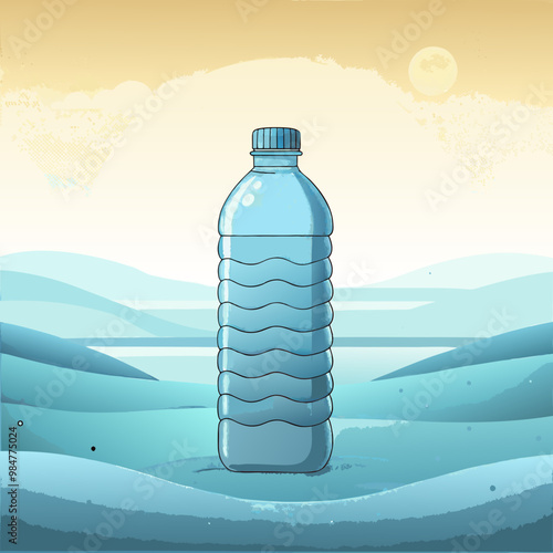 Plastic water bottle in blue desert landscape, environmental waste concept