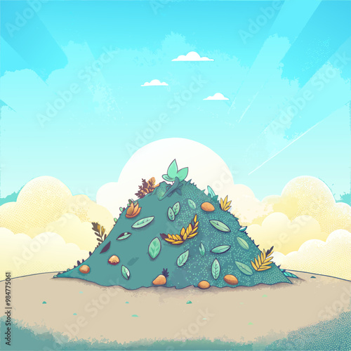 Pile of composting leaves under sunny sky, eco-friendly gardening concept