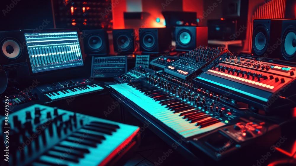 Music production equipment arranged neatly in a modern studio, highlighting synthesizers, mixers, and digital screens. Music production equipment arranged neatly in a modern studio, highlighting synthesizers, mixers, and digital screens.