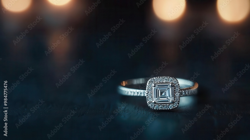 Artistic close-up of a ring with a square halo and baguette diamonds, Square Halo, Luxurious Geometry Artistic close-up of a ring with a square halo and baguette diamonds, Square Halo, Luxurious Geometry