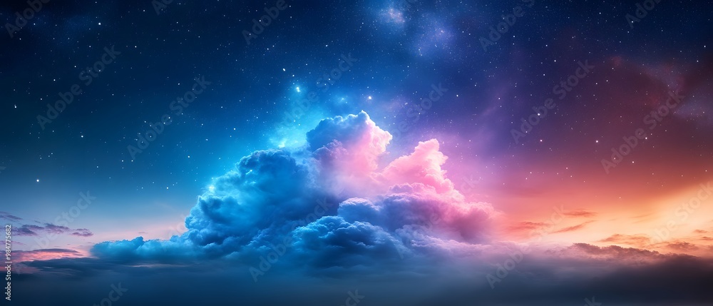 A stunning cloud in a vibrant sky, illuminated by shades of blue, pink, and purple, creating a dreamlike atmosphere. A stunning cloud in a vibrant sky, illuminated by shades of blue, pink, and purple, creating a dreamlike atmosphere.