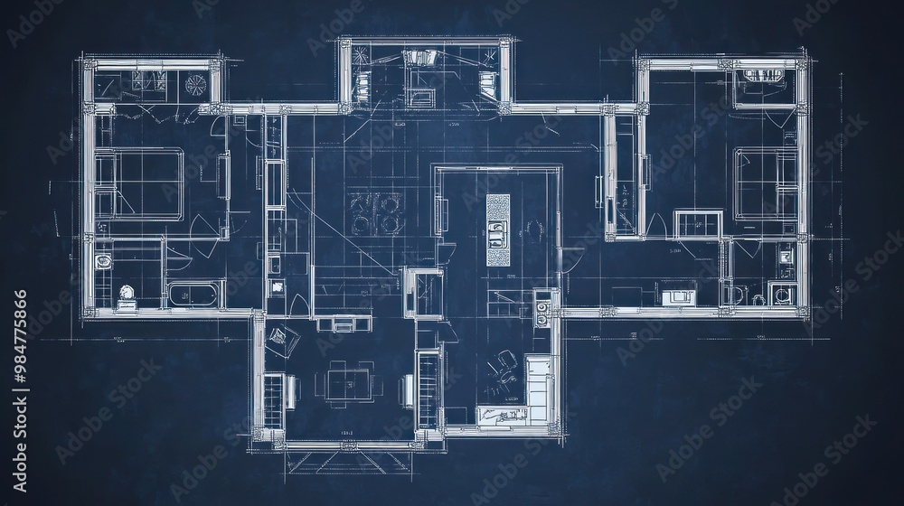 Obraz premium Architectural blueprint of a modern home layout with detailed room designs.