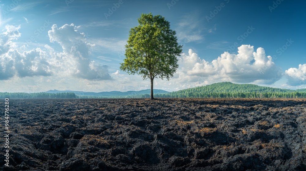 Deforested land with a lone tree standing, visualizing the impact of human activity on forests and biodiversity., photorealistic Deforested land with a lone tree standing, visualizing the impact of human activity on forests and biodiversity., photorealistic