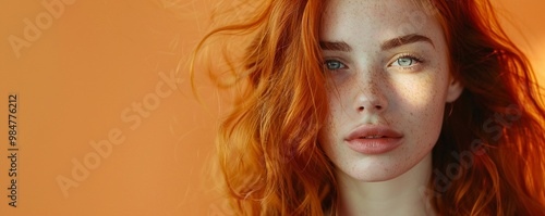 Closeup of natural beauty ginger Irish girl isolated on orange background. Fashion, beauty, skincare, cosmetics concept. Commercial studio portrait for banner, poster with copy space photo