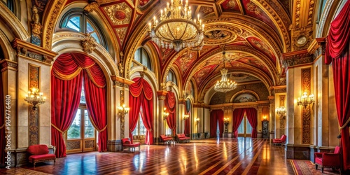 Opulent Grand Hall Luxurious Polished Wood Floor in Symmetrical Architecture, Red Velvet Curtains, and Gold Leaf Ceilings - Elegant Event Venue for Editorial, Architectural, and