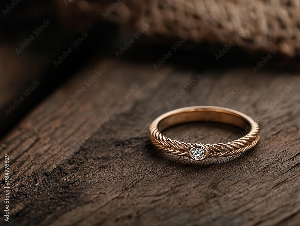 Close-up of a ring with a twisted rope band and bezel-set diamond, Rope Twist, Rustic Charm Close-up of a ring with a twisted rope band and bezel-set diamond, Rope Twist, Rustic Charm