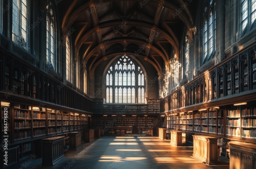 A Glimpse into the Heart of Knowledge: A grand library interior bathed in the warm glow of natural light, showcasing rows of books and architectural grandeur. A Glimpse into the Heart of Knowledge: A grand library interior bathed in the warm glow of natural light, showcasing rows of books and architectural grandeur.