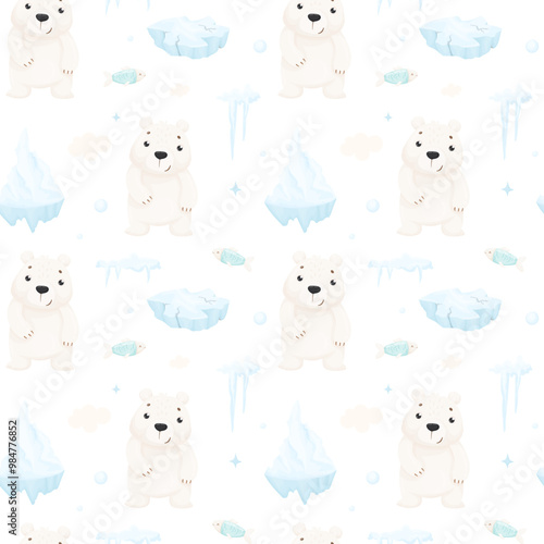Seamless vector pattern with polar bear, ice floes and iceberg. Winter pattern on the theme of the north in a cartoon style. Cute pattern with arctic animals