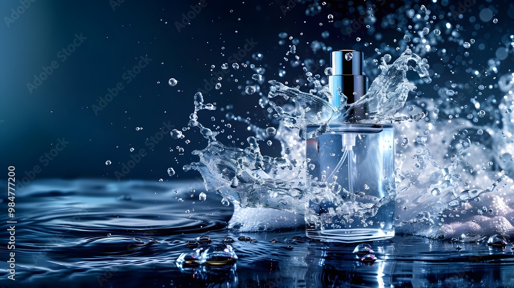 A close-up of a perfume bottle splashing in water, showcasing elegance and freshness with vibrant droplets on a dark background. A close-up of a perfume bottle splashing in water, showcasing elegance and freshness with vibrant droplets on a dark background.