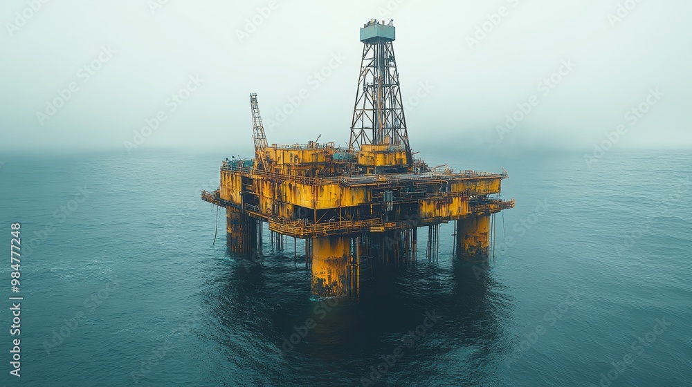 Abandoned oil rig in the ocean, symbolizing the environmental consequences of fossil fuel extraction., photorealistic Abandoned oil rig in the ocean, symbolizing the environmental consequences of fossil fuel extraction., photorealistic