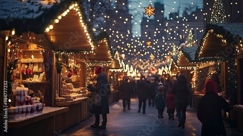 A bustling Christmas market with glowing lights, festive stalls, and shoppers enjoying hot cocoa and holiday treats.