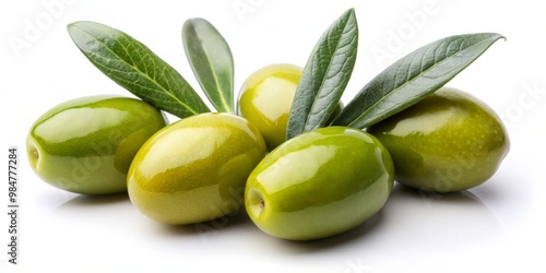 Wallpaper Mural Premium Green Olives and Leaves Still Life Arrangement on White Background - Fresh Mediterranean Delicacy with Vibrant Colors and Textures, Ideal for Culinary, Packaging, and Torontodigital.ca