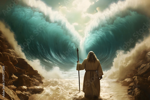 Epic biblical scene of Moses parting the Red Sea, divine miracle, spiritual leadership, crossing of the sea, ancient history, religious event, water miracle, faith, powerful biblical story

 photo