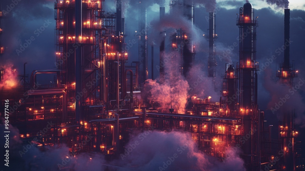 A striking industrial scene featuring a dark, smoky oil refinery illuminated by glowing lights amidst the clouds. A striking industrial scene featuring a dark, smoky oil refinery illuminated by glowing lights amidst the clouds.