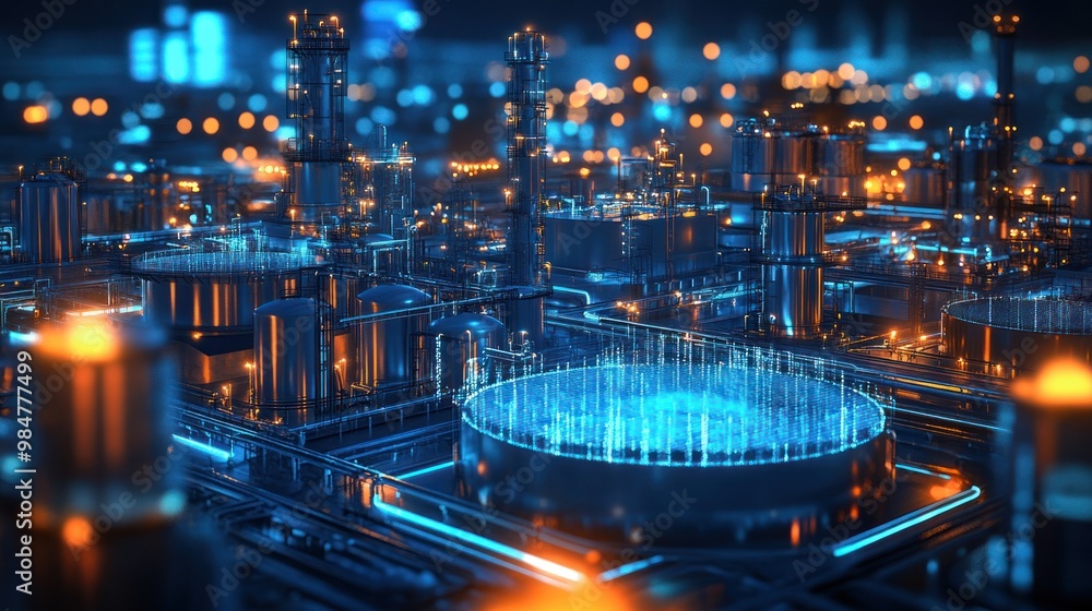 An abstract view of a futuristic industrial complex with glowing blue and orange lights, showcasing pipes and storage tanks. An abstract view of a futuristic industrial complex with glowing blue and orange lights, showcasing pipes and storage tanks.