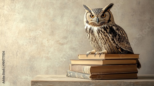 Wallpaper Mural An owl, the symbol of pedagogy, perched atop a stack of books, representing knowledge and education, perfect for academic or educational themes Torontodigital.ca