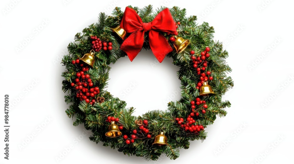 A festive Christmas wreath adorned with a red bow, berries, and decorative bells, perfect for holiday décor. A festive Christmas wreath adorned with a red bow, berries, and decorative bells, perfect for holiday décor.