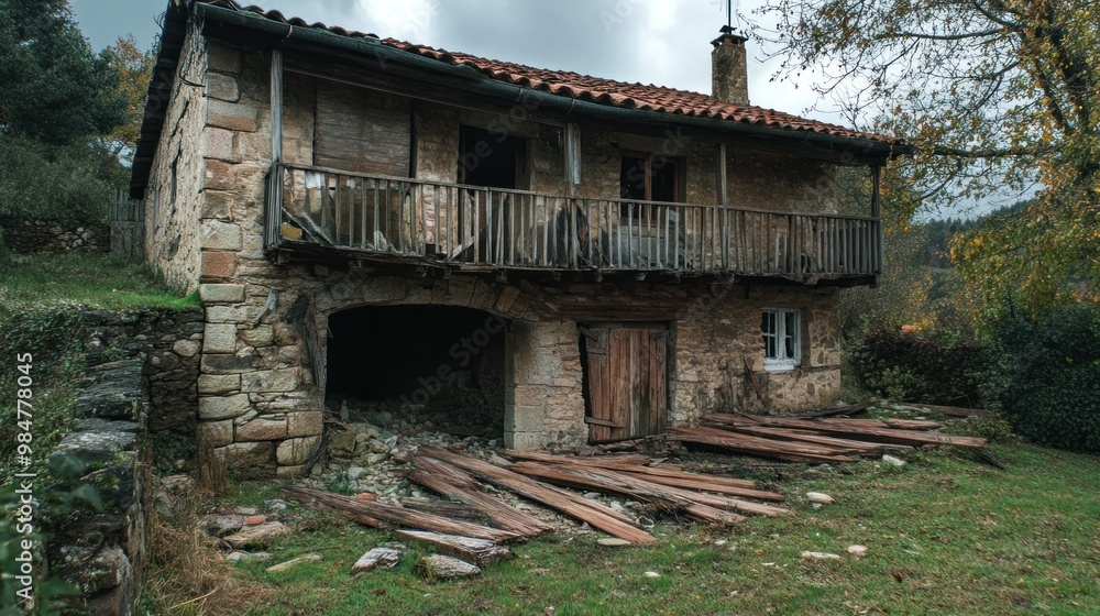 Abandoned stone house with a rustic wooden balcony and overgrown surroundings, evoking a sense of history and solitude. Abandoned stone house with a rustic wooden balcony and overgrown surroundings, evoking a sense of history and solitude.
