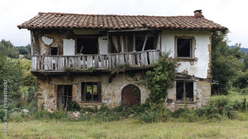 An abandoned rustic house, showcasing weathered stones and overgrown vegetation, evoking a sense of nostalgia. An abandoned rustic house, showcasing weathered stones and overgrown vegetation, evoking a sense of nostalgia.