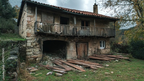 Abandoned stone house with a rustic wooden balcony and overgrown surroundings, evoking a sense of history and solitude.