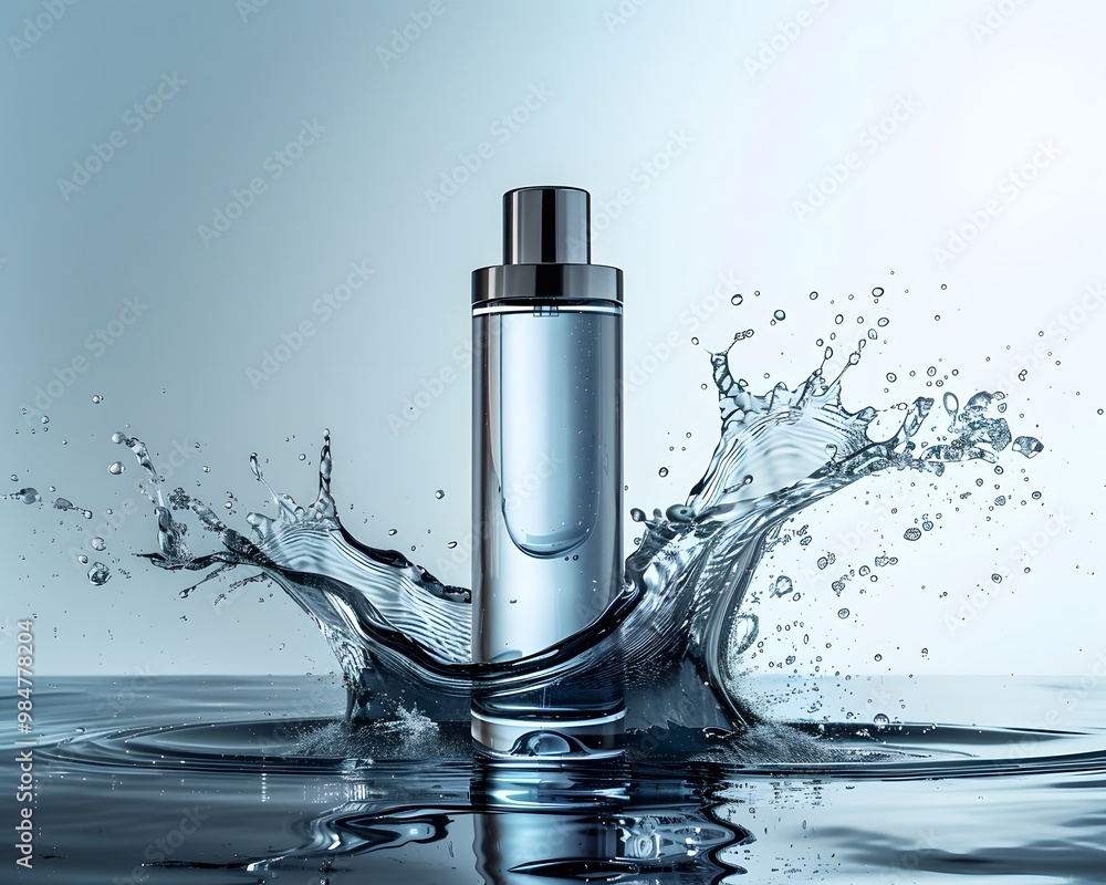 A sleek metallic bottle splashing into clear water, creating ripples and showcasing freshness and elegance in a modern setting. A sleek metallic bottle splashing into clear water, creating ripples and showcasing freshness and elegance in a modern setting.