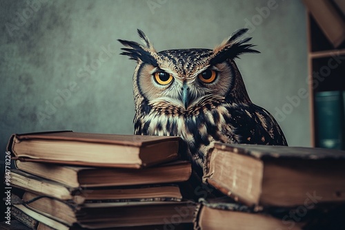 Wallpaper Mural An owl, the symbol of pedagogy, perched atop a stack of books, representing knowledge and education, perfect for academic or educational themes Torontodigital.ca