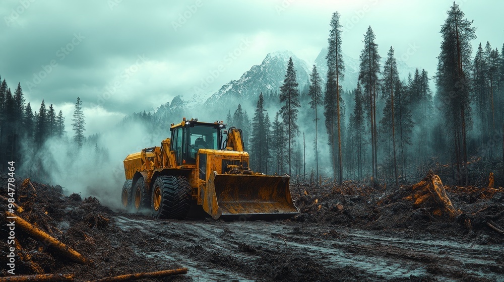 Heavy machinery bulldozing a forest, leaving only a trail of smoke and dust in its wake, symbolizing industrial expansion, photorealistic Heavy machinery bulldozing a forest, leaving only a trail of smoke and dust in its wake, symbolizing industrial expansion, photorealistic