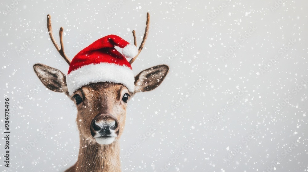 A festive deer wears a red Santa hat against a snowy background, embodying the holiday spirit. A festive deer wears a red Santa hat against a snowy background, embodying the holiday spirit.