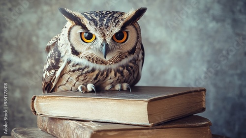 Wallpaper Mural An owl, the symbol of pedagogy, perched atop a stack of books, representing knowledge and education, perfect for academic or educational themes Torontodigital.ca