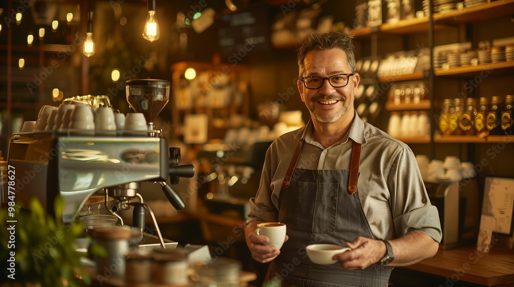 Friendly Barista Serving Coffee in a Warm Cafe Friendly Barista Serving Coffee in a Warm Cafe